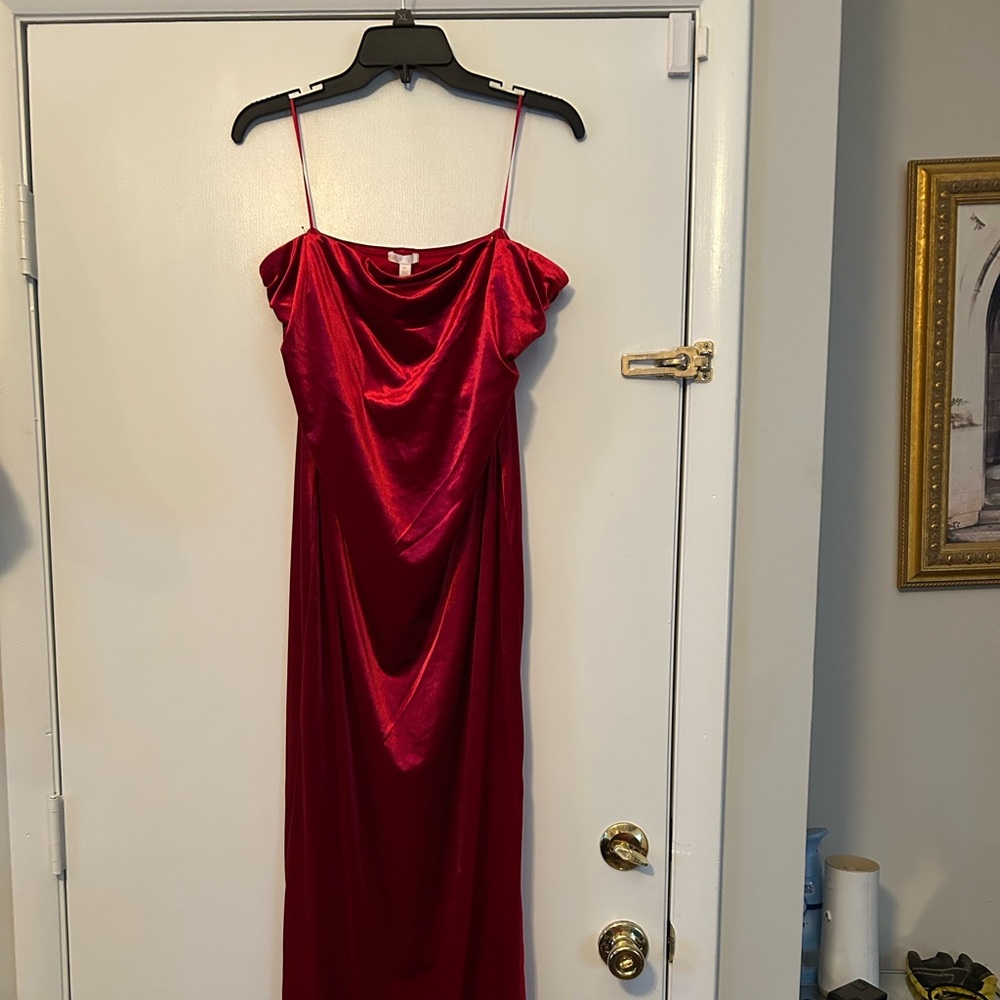 Scarlet colored crushed velvet formal dress.